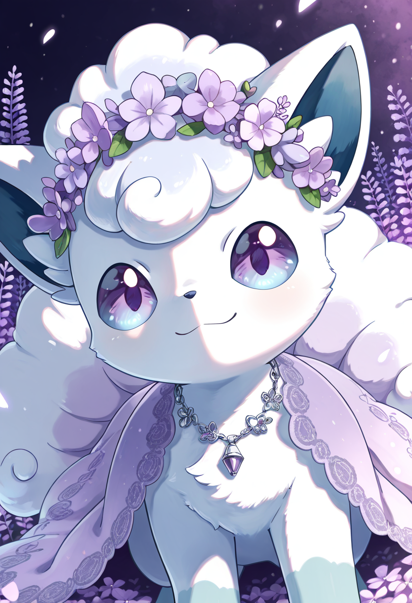 masterpiece, best quality, (no humans:1.1), solo, smile, looking at viewer, dynamic angle, foreshortening, close up,      zzVulpixA, fluffy, white fur,  ,<lora:VulpixAlolanPokedex_IXL_v1:1.0>,   [Lavender Daydreamer], lavender lace dress with soft lilac ribbons, pastel purple gloves adorned with tiny silver bells, amethyst necklace, light purple flower crown, lilac and white gradient cloak, draped across a field of blooming lavender, soft breeze, wistful smile,