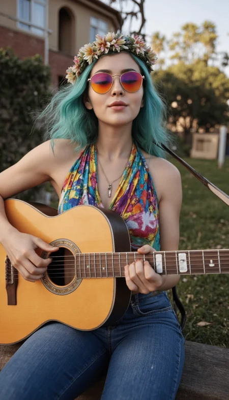 Generate a photorealistic image of a 1960s hippie girl taken with a camera made in that era.
She has long, flowing aqua hair with a flower crown.
She wears a bellbottom jeans with a loose halter top with spellbinding colors and resplendent patterns. She is wearing a peace sign necklace.She is wearing round sunglasses with brightly colored lenses.
She is playing a soulful tune on an acoustic guitar, her eyes closed in peaceful contemplation.
She has realistic skin that is not flawless. She has Round peach eyes. She has a short nose. She has a double chin. She has a statuesque Bell Shaped breasts. She has natural unshaven body hair. She has not recently showered, her skin may be a little bit dirty. She wears little make-up except for her lip gloss. She has painted toenails