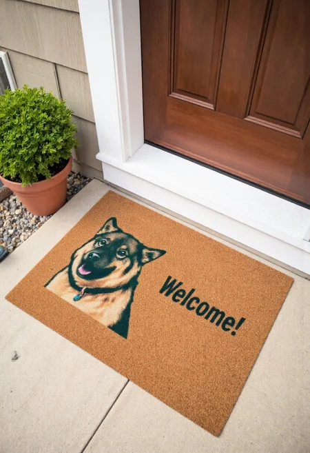 <lora:Welcome_Mat_Manufacturer_FLUX-000023:0.9> <lora:Lia_-_My_Dog_F1D_r1:1.2>
The image is a photograph of a small outdoor entrance area, featuring a doormat with a humorous design. The doormat is rectangular and made of a textured, brown, coir material. It has a vibrant, whimsical design featuring liathedog dog and text "Welcome!"