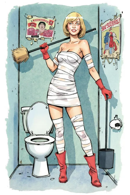watercolor illustration.
A slim Swedish woman stands confidently in a small, dingy restroom. She platinum blonde bob haircut and a fringe bangs. She is wrapped in rolls of white bandages like a mini dress, and wear bright red rubber gloves and matching boots. She holds a large toilet brush with a playful smile, juxtaposing glamour with an unexpected setting. The surrounding walls, adorned with worn posters, add a gritty, urban edge to the surreal, fashion-forward scene. <lora:watercolor.comic1_cap_d6a3:1.0><lora:830642264398329588:0>