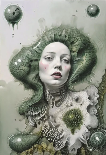 raw sketch of interwoven concrete cement pebbles cob cobblestone shell fishscales snakeskin, melting flesh covered in moss rot mold bubbles droplets, by Hans Bellmer, by Malevitch, by Kandinsky, Surreal psychedelic bizarre, psychedelic hallucination, pop surrealism, rough crosshatch drawing pop art Lunatic_Portrait of a young woman in latex Avant-garde Fashion page, slick back, low bun, black makeup, sinister expression, intense glare, avant-garde, abstract, weird, geometric, constructivism, suprematism, rayonism, verticism, lineism, tj