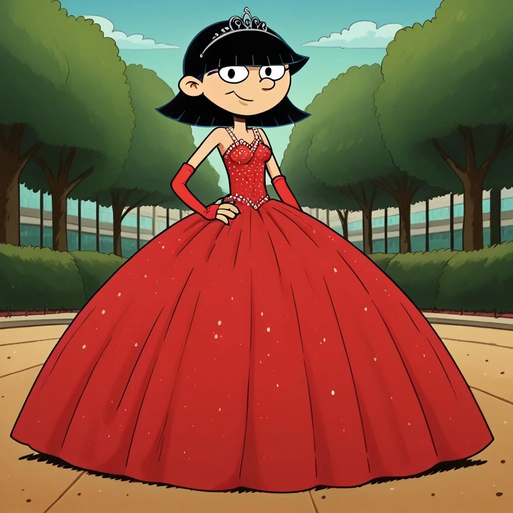 score_9_up,score_8_up,score_7_up,score_6_up,score_5_up,score_4_up BREAK rhonda,black hair, black eyes, bob cut, blunt bangs, Very large red floor length gown, ball gown, rhimestones. She is also wearing a tiara, hoop skirt, dome shape skirt, quinceanera, prom, pageant, long elbow length red fingerless Satin bridal gloves, contrapposto, hand on own hip, park, tree, building,smile,arm at side, leaning to the side, dutch angle, looking at viewer, <lora:RhondaPony:1>