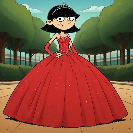 score_9_up,score_8_up,score_7_up,score_6_up,score_5_up,score_4_up BREAK rhonda,black hair, black eyes, bob cut, blunt bangs, Very large red floor length gown, ball gown, rhimestones. She is also wearing a tiara, hoop skirt, dome shape skirt, quinceanera, prom, pageant, long elbow length red fingerless Satin bridal gloves, contrapposto, hand on own hip, park, tree, building,smile,arm at side, leaning to the side, dutch angle, looking at viewer,    <lora:RhondaPony:1>