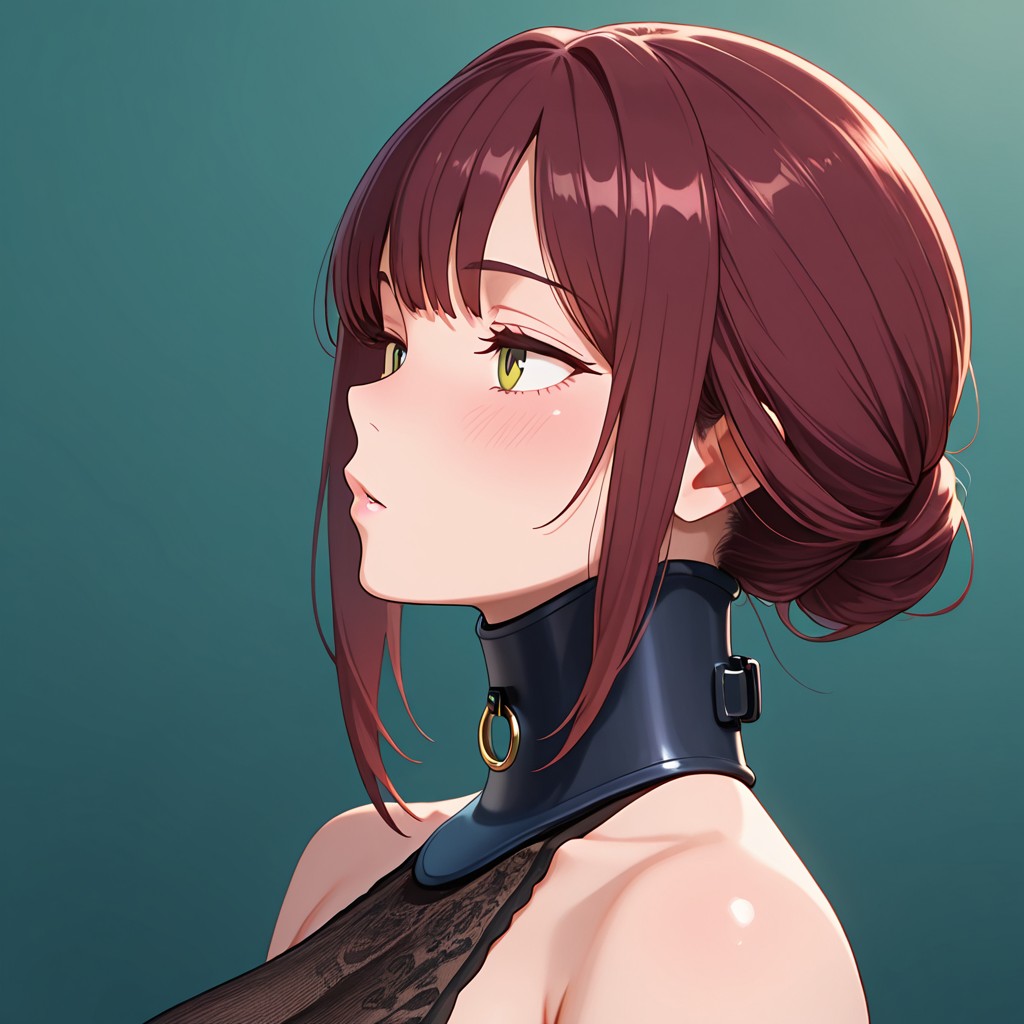 masterpiece, best quality, amazing quality, 1girl, 40 yo MILF, submissive, posture collar, bare shoulders, seen from side <lora:Posture Collar_epoch_12:1>