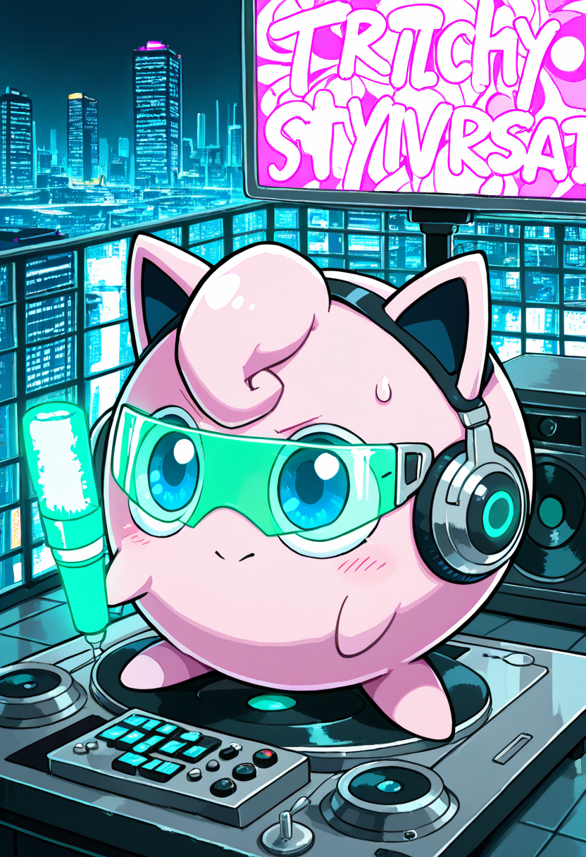masterpiece, best quality, no humans,  zzJigs, glowing neon pink fur, cyberpunk visor, holographic mic, DJ booth, turntables with glowing circuitry, neon city skyline, rain-slick rooftop, soundwave energy rings, pink electric wires, digital graffiti, chrome speakers, high-tech accessories, electric pulse effects, dynamic pose, performing at night  On a rooftop stage high above the neon-lit city, zzJigs drops beats that ripple across the skyline, her body pulsing with light as soundwaves burst like fireworks around her.  <lora:JigglypuffPokedex_IXL:1.0>,    <lora:ZankuroStyle_NAI:0.5>,   <lora:HaradaTakehito_NAI:0.5>,
