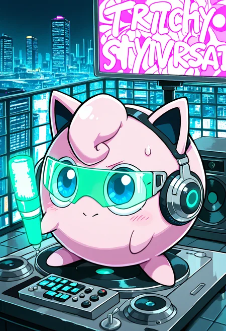 masterpiece, best quality, no humans,  zzJigs, glowing neon pink fur, cyberpunk visor, holographic mic, DJ booth, turntables with glowing circuitry, neon city skyline, rain-slick rooftop, soundwave energy rings, pink electric wires, digital graffiti, chrome speakers, high-tech accessories, electric pulse effects, dynamic pose, performing at night  On a rooftop stage high above the neon-lit city, zzJigs drops beats that ripple across the skyline, her body pulsing with light as soundwaves burst like fireworks around her.  <lora:JigglypuffPokedex_IXL:1.0>,    <lora:ZankuroStyle_NAI:0.5>,   <lora:HaradaTakehito_NAI:0.5>,