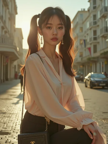 [16]Realistic photograph, Movie light, A 20-year-old elegant and sophisticated city woman is wearing a luxury silk blouse and high-waisted pants. The pastel-toned blouse features metallic details, and the pants fall neatly just above the ankles. She pairs black stiletto heels with a designer mini bag, accessorized with diamond earrings of chanel logo and a slim gold watch. Her look is completed with natural wavy hair and neutral-toned makeup, exuding refined city style. full body, looking at viewer, upper body, leg open, standing, rainy playgroun, sittting, large breasts, The subject should be depicted with long, dark hair tied back in a Twin ponytails. The scene should take place during a sunny day with a warm and clear atmosphere. Incorporate sun flares or lens flares to add depth and interest to the image