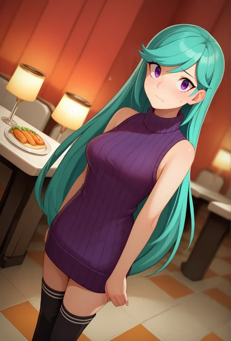 score_9, score_8_up, score_7_up, score_6_up, score_5_up, score_4_up, <lora:marblesoda_style_ponyXL_v1.2:1> marblesodastyle, (depth of field:1), throne room,diner, orange background,
1girl, solo, human, aqua hair, quiff, very long hair, sidelocks, swept bangs, sleeveless sweater, multicolored kneehighs, boots, standing, dutch angle, violet eyes, looking at viewer, flustered