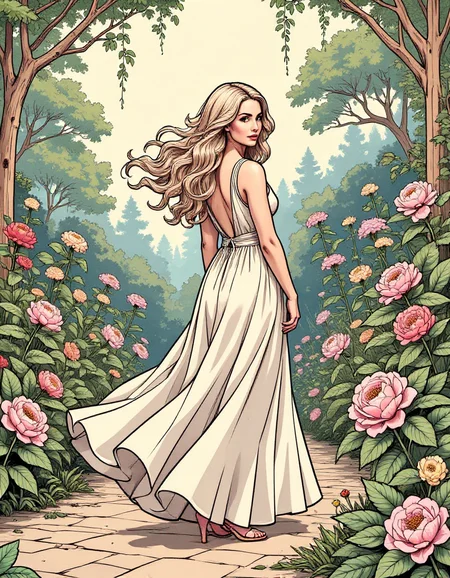 An elegant garden with flowing, organic lines and intricate floral patterns. A woman in a flowing dress stands among the flowers, her hair blending seamlessly with the surrounding foliage.