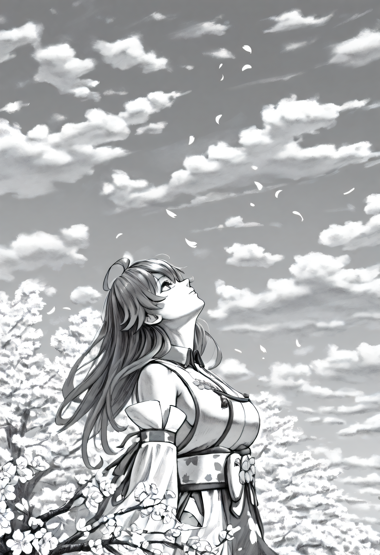 <lora:SketchArt_Epoch_10:1>, greyscale, monochrome, sk3tch, solo, 1girl, sakura_miko_(1st_costume), long hair, windy, looking up, cloudy, sky, cherry blossom tree, petals, very awa, masterpiece, best quality, highres, absurdres