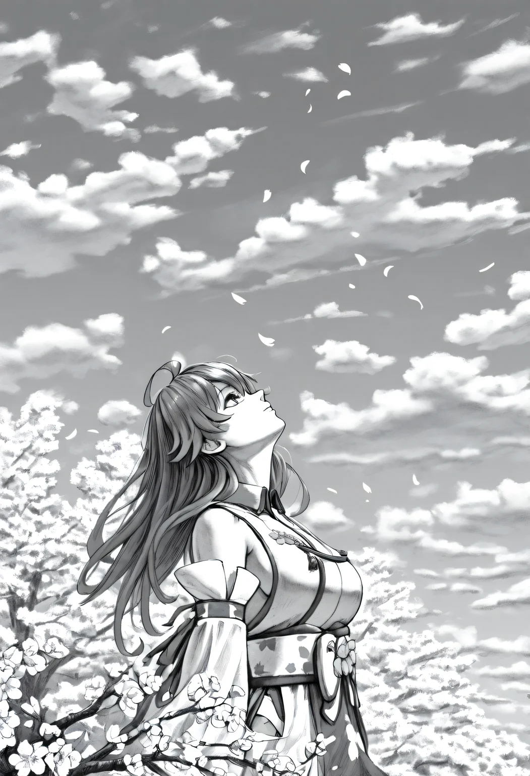 <lora:SketchArt_Epoch_10:1>, greyscale, monochrome, sk3tch, solo, 1girl, sakura_miko_(1st_costume), long hair, windy, looking up, cloudy, sky, cherry blossom tree, petals, very awa, masterpiece, best quality, highres, absurdres