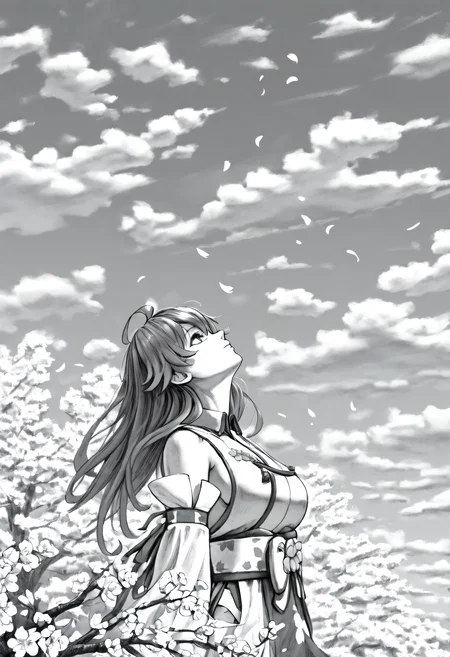 <lora:SketchArt_Epoch_10:1>, greyscale, monochrome, sk3tch, solo, 1girl, sakura_miko_(1st_costume), long hair, windy, looking up, cloudy, sky, cherry blossom tree, petals, very awa, masterpiece, best quality, highres, absurdres
