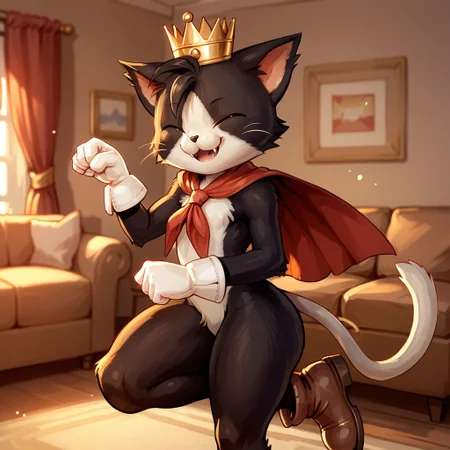 score_9, score_8_up, score_7_up, caitsith, anthro, furry male, solo, cat, black fur, white fur, two-tone fur, whiskers, fangs, white tail, crown, red cape, white gloves, brown shoes, wide hips, thick thighs, standing, smile, open mouth, p4wp0s3, paw pose, leg up, from side, indoors, living room, <lora:p4wp0s3XLP_502887:1.0>