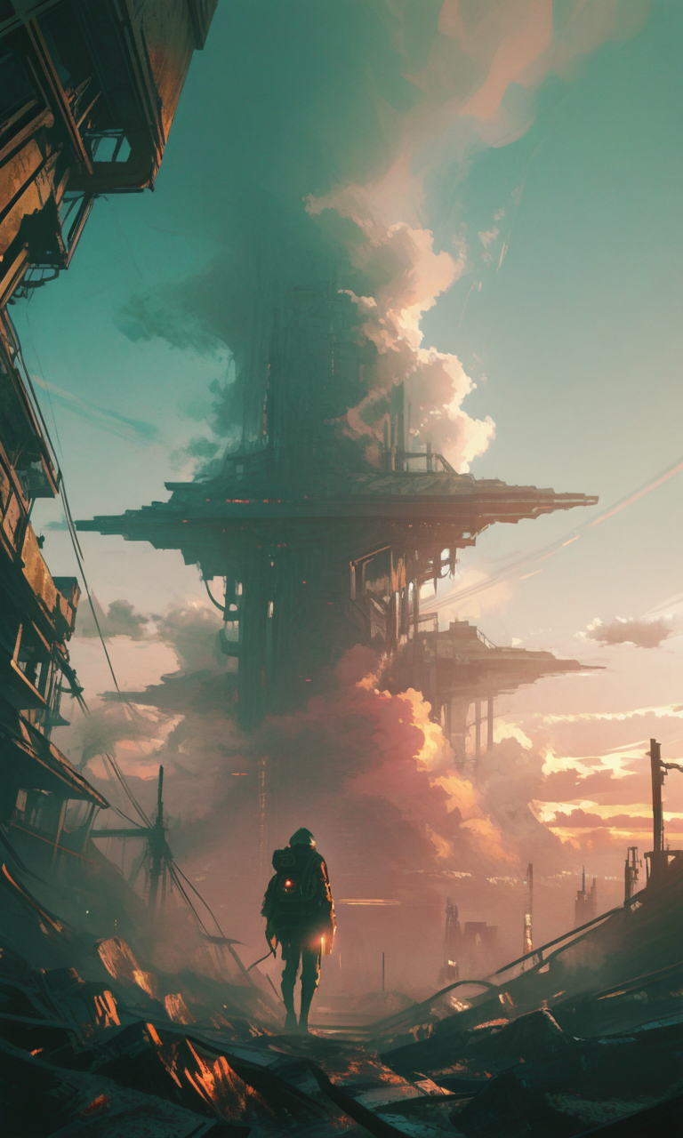 stylized warm color palette dynamic composition high contrast dramatic lighting sky perspective from below wide angle view detailed textures atmospheric dystopian<lora:- iLL - the_edgy_mech_V2.0-step000013500:.8>