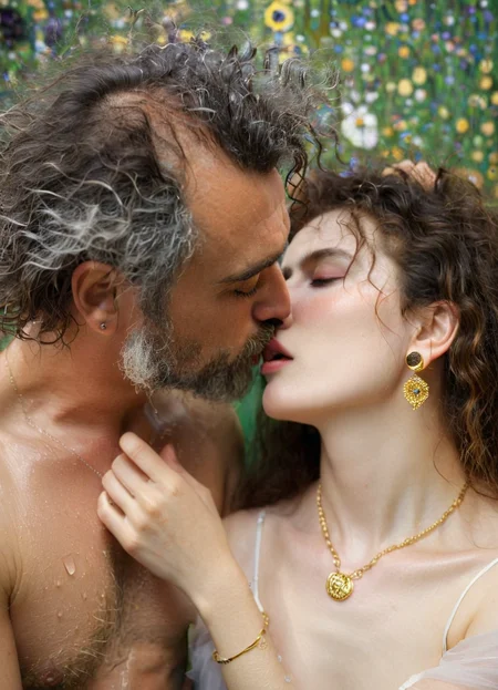 (masterpiece), (best quality), (ultra-detailed), The Kiss, by Gustav Klimt, illustration, disheveled hair, detailed eyes, perfect composition, moist skin, intricate details, earrings, by wlop