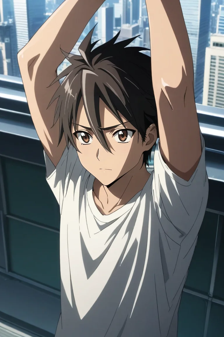 score_9, score_8_up, score_7_up, source_anime, rating_safe, intricate details, , , depth of field, 1boy, solo, male focus, <lora:takashi_komuro_pony:0.82>, takashi_komuro, black hair, brown eyes, short hair, hair between eyes, from above, tokyo tower, indoors, dark, arms above head, nervous, , <lora:sdxl_lightning_8step_lora:1>