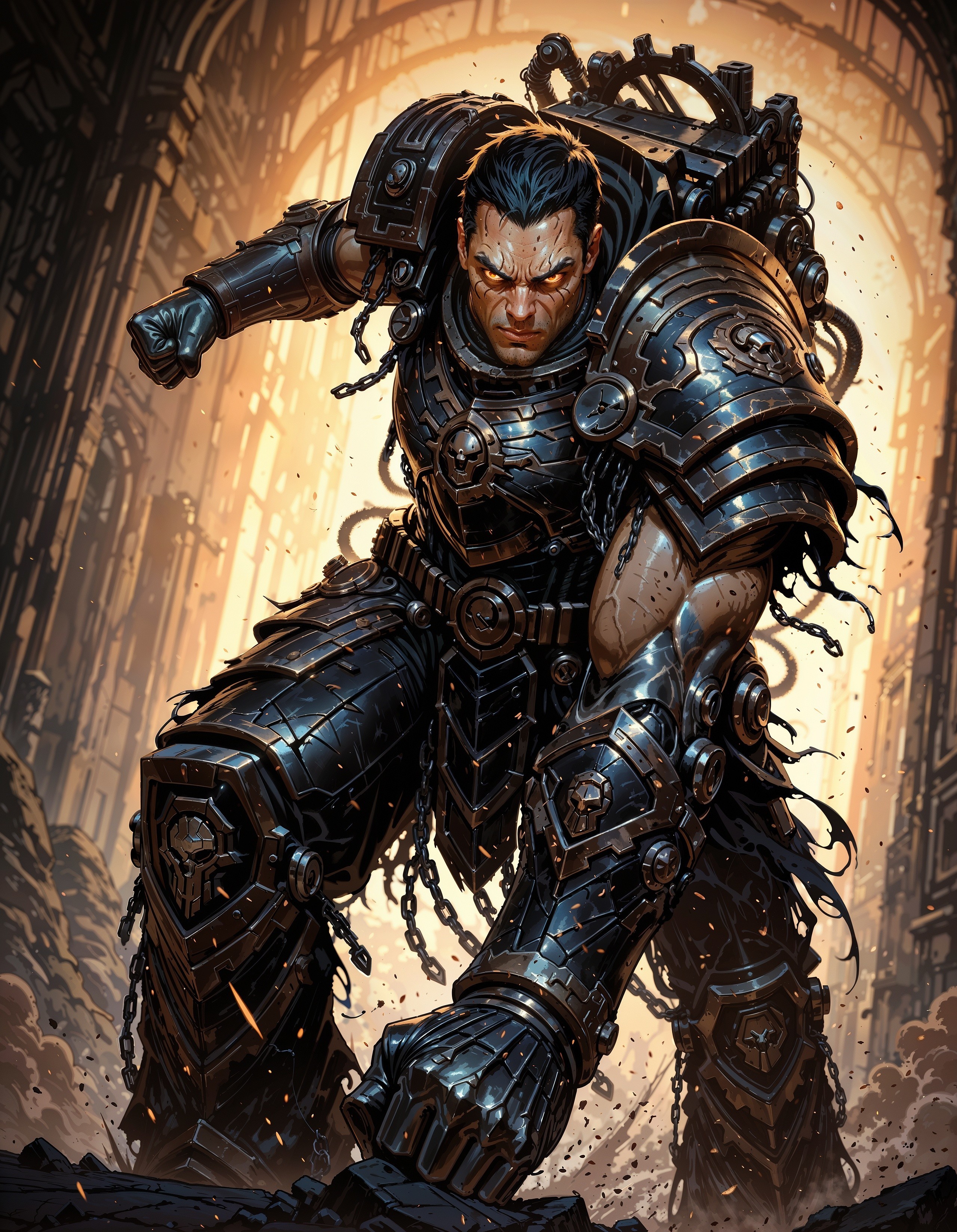 masterpiece, best quality,high quality, newest, highres,8K,HDR,absurdres, 1boy, solo, iLLFerrusM40k, armor, metallic arms, in a forge, punching, limited palette, intense expression, dynamic pose, dramatic lighting, strong depth of field, torn fabric, gritty realism, cinematic shot, dutch angle, foreshortening, blurred background, dust particles., detailed background, dynamic pose, dynamic composition,dutch angle, detailed backgroud,foreshortening,blurry edges,  <lora:iLLFerrusM40k:1> <lora:iLLMythM4gicalL1nes:0.8> M4gicalL1nes