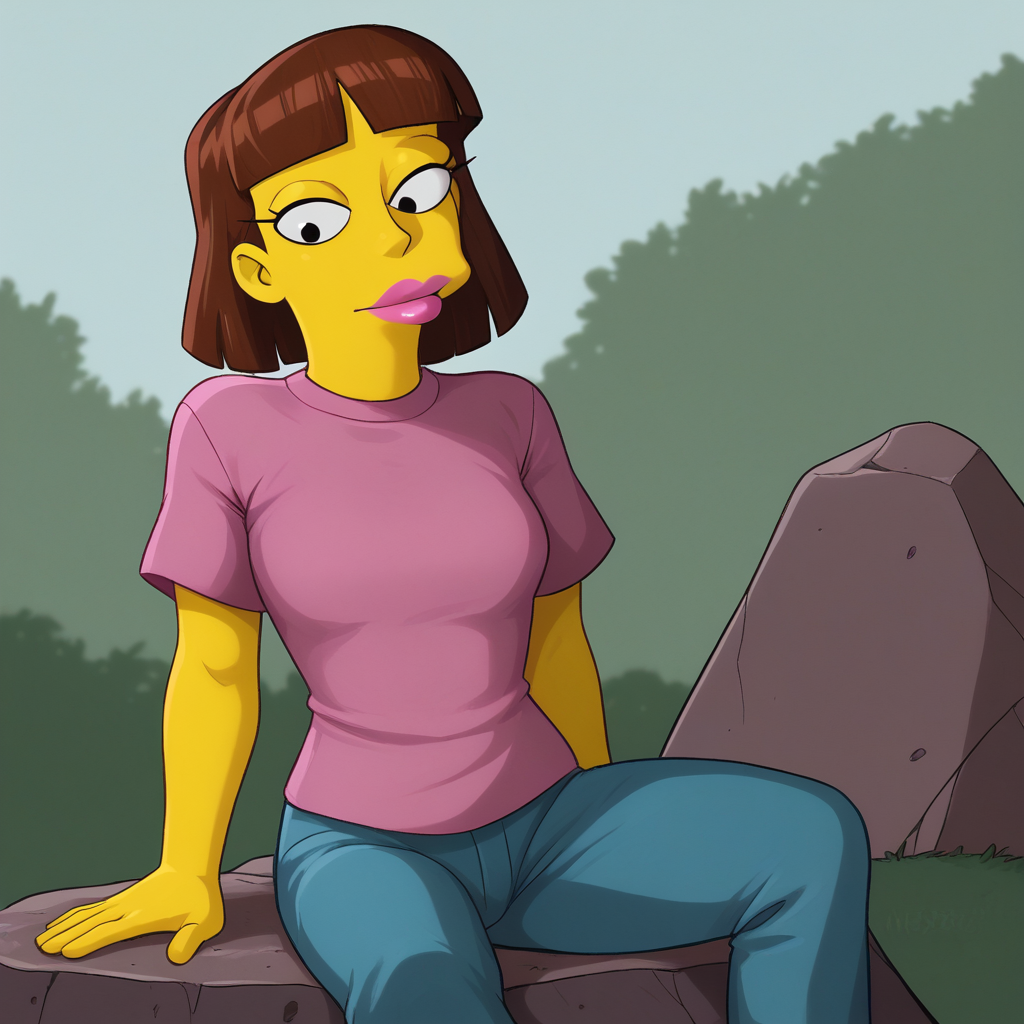 score_7_up, BREAK, AshleyGrant, 1girl, solo, brown hair, black eyes, colored skin, yellow skin, pink lipstick,  pink t-shirt, short sleeves, blue pants, <lora:AshleyGrant_PXL_Leaf1:1>, cowboy shot, outdoors, sitting on rock, front view,