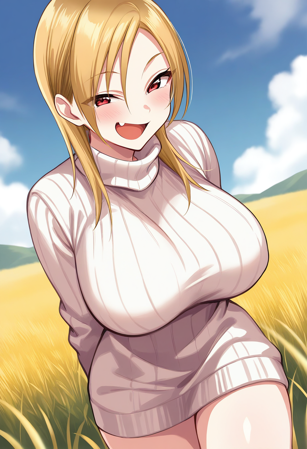 smile, fang, cowboy shot, 
akutu_riko, red eyes, blonde hair, medium hair, sweater dress, ribbed sweater, turtleneck, <lora:akutu_riko_illustrious_ver1:0.8>, masterpiece, best quality, sensitive,, 1girl, solo, (field:1.2), (blue sky:1.2),
