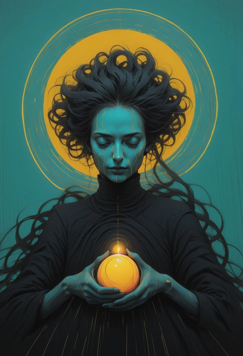 Sbowing hand blessing 100bh-style, dark assassinkahb style pop surrealism, Pop Art, minimalism, Bw-grignani, Closeup Portrait, An Abstract surreal DARK turquoise and Yellow simple painted buxom heavy armored horned shinobi Silhouette with long vibrant billowing spectral Gradient hair throughout the frame, Holding a glowing orb resembling Planet earth, glowing eye, black skin, high collar, blushed smiling, made of lines, vertical lines, horizontal lines, Portrait Made of intertwining lines, weaving over and under each other throughout the frame, emphasis effect, moire effect, awash in colorful shades, seamlessly extends the lines, Action Scene, Motion lines