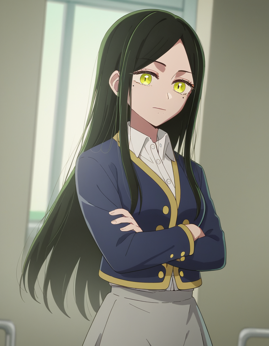 score_9, score_8_up, score_7_up, source_anime, <lora:frill-shiranui-s1s2-ponyxl-lora-nochekaiser:1>, frill shiranui, long hair, bangs, black hair, green eyes, yellow eyes, green hair, mole, mole under eye, mole under mouth, medium breasts,, shirt, jacket, white shirt, collared shirt, blue jacket, long sleeves, skirt, grey skirt,, hospital room, bedside, get well flowers, comforting, quiet, , , crossed arms, smug, solo,, cowboy shot, dutch angle,