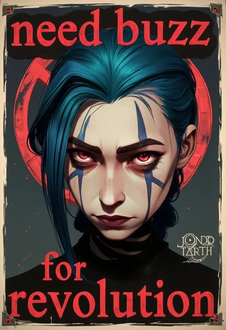 A byzantine style anarchist propaganda poster saying "need buzz" at the top and "for revolution" at the lower part of the image. The poster shows a pale jinx person with geometrical face paint and special neon hair. bo-abyss w3p0rtra1t