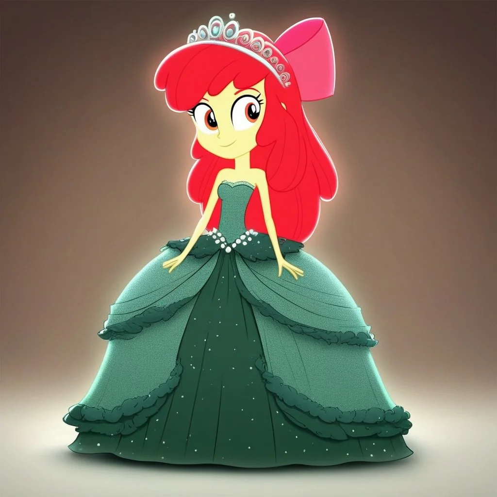 (EqG) Apple Bloom wearing a green poofy ball gown. The dress is a tulle. The bodice of the dress is fitted and has a low, open back. The skirt is full and voluminous. She is wearing a silver tiara. She is smiling and looking at the camera. Full Body, 1 girl, solo