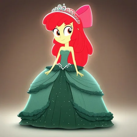 (EqG) Apple Bloom wearing a green poofy ball gown. The dress is a tulle. The bodice of the dress is fitted and has a low, open back. The skirt is full and voluminous. She is wearing a silver tiara. She is smiling and looking at the camera. Full Body, 1 girl, solo