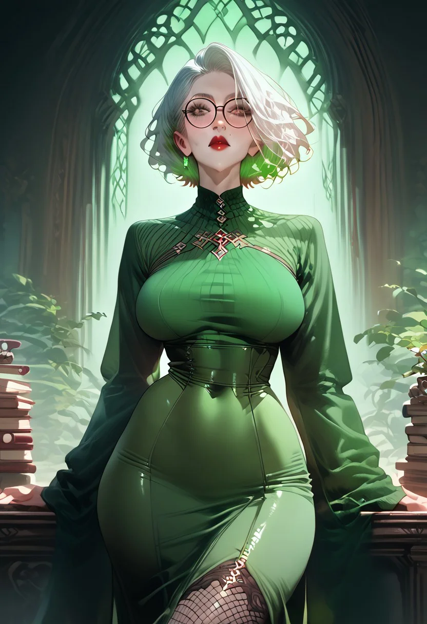 score_9, score_8_up, score_7_up, score_6_up, source_anime, 1girl, 1/2 body visible, white hair, short hair, red lips, dark eyes, tall girl, 
(large green crop top), perfect face, detailed face, 8k face, inside a beautiful palace background, detailed background, large natural saggy breasts, sexy hips, (blush), he chooses a book for himself on the shelf, big black glasses, green neon, looks at laptop, magical green robes, fishnet stockings, curvy hips,
