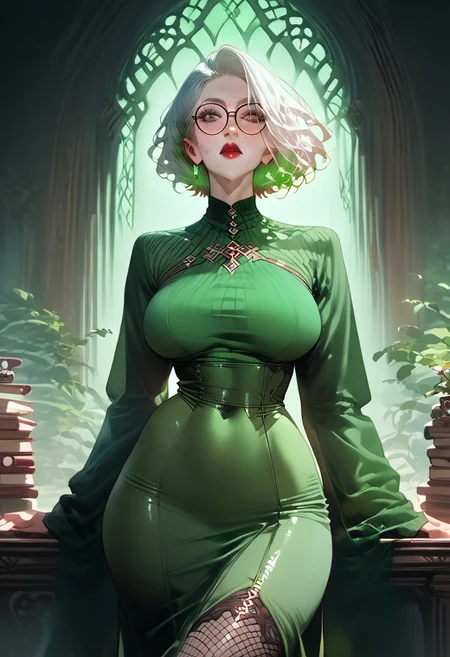score_9, score_8_up, score_7_up, score_6_up, source_anime, 1girl, 1/2 body visible, white hair, short hair, red lips, dark eyes, tall girl,
(large green crop top), perfect face, detailed face, 8k face, inside a beautiful palace background, detailed background, large natural saggy breasts, sexy hips, (blush), he chooses a book for himself on the shelf, big black glasses, green neon, looks at laptop, magical green robes, fishnet stockings, curvy hips,