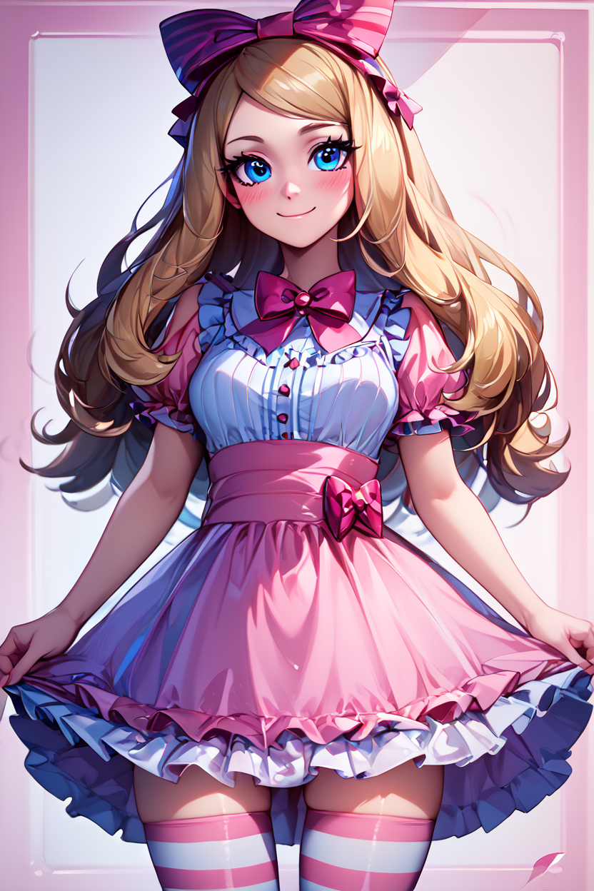 score_9, score_8_up, score_8, medium breasts, (curvy), cute, eyelashes,       BREAK, , zzSerena, solo, long hair, blue eyes,<lora:SerenaPokemon_PDXL_r1:0.7>, , BREAK, closed mouth, alternate costume, smile, looking at viewer, blush,  zzLFashion, frilled dress, frills, bow, dress, striped thighhighs, sweetL, cowboy shot,  embedding:zPDXL, Expressiveh,  <lora:Vivid:0.7>,  <lora:LFashionPDXL:1>,  <lora:Uncensored_PonyXL_cpt_v02.09:0.4>,  <lora:Expressive_H-000001:0.4>,