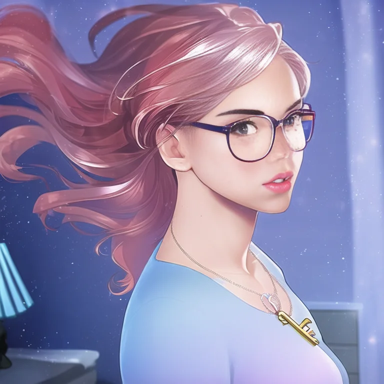 1girl, (realistic), highest quality, photo, (Full-body:1.2),(detailed face, detailed eyes), dynamic details, freckles:0.9,(medium breasts), silver hair, messy hair, dynamic, bedroom, bangs, ponytail, key necklace, glasses