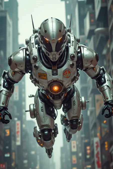 YFG-Sm0rg, YFG-Zaat, A street-level portrait of a chrome-armored courier captured mid-sprint across a vertical city façade, his legs replaced with piston-charged kinetic blades slicing through the air. His jaw has been replaced by a voice-modulator grille, and data ports line the side of his neck like decorative studs. Sweat beads along his natural skin, meeting the cold sheen of his robotic clavicle. A faded band patch is welded into his chest plate, and a chipped sticker reads âI brake for no one.â Shot with a wide-angle lens mounted on a drone, distorting the perspective of gravity and speed. A blend of techwear realism and guerrilla street photography meets Akira-esque velocity.