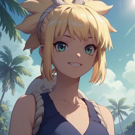 <lora:SlimesKohaku:1>, score_9, score_8_up, score_7_up, slimes_kohaku, woman, solo, smiling, facing viewer, tropical beach background