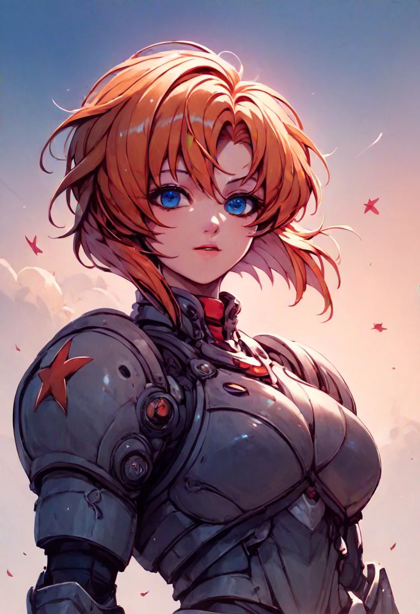 score_9, score_8_up, score_7_up, HD, high res, solo, 1girl, rena ryuuguu, orange hair, short hair, blue eyes, beautiful, beautiful eyes, Soviet style, (power armor), full armor set, no helmet, red stars on shoulders, bright sky, massive clouds, Sovietpunk,