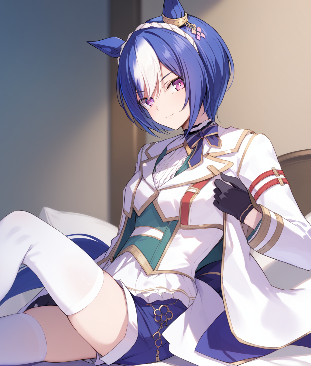 score_9, score_8_up, score_7_up BREAK
shobufuku, 1girl, solo, looking at viewer, smile, short hair, bangs, shirt, thighhighs, gloves, long sleeves, animal ears, sitting, closed mouth, purple eyes, jacket, tail, white hair, multicolored hair, shorts, black gloves, two-tone hair, white thighhighs, white jacket, horse ears, horse girl, horse tail, 
<lora:Cesario-ponyXL:1>,