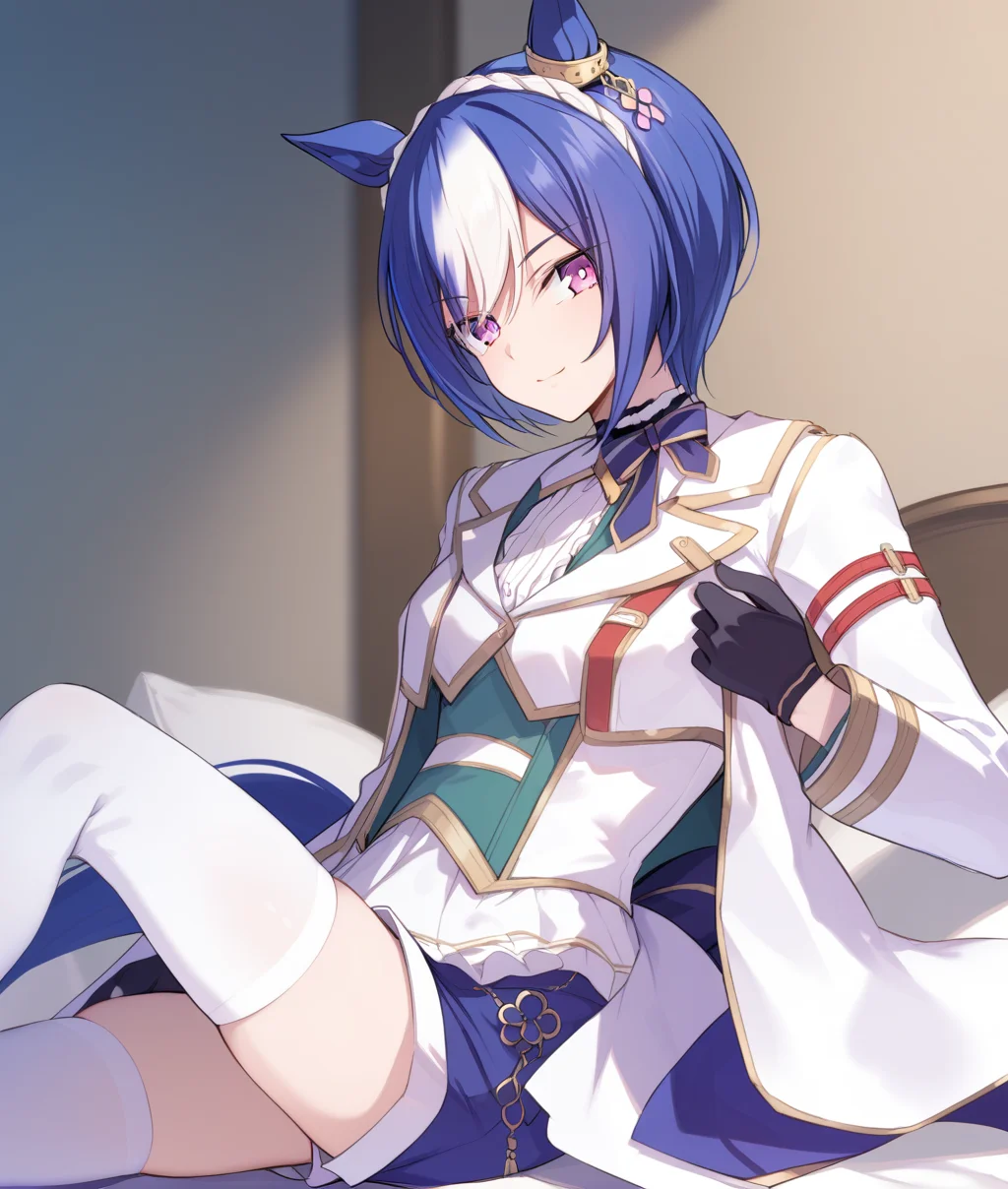 score_9, score_8_up, score_7_up BREAK
shobufuku, 1girl, solo, looking at viewer, smile, short hair, bangs, shirt, thighhighs, gloves, long sleeves, animal ears, sitting, closed mouth, purple eyes, jacket, tail, white hair, multicolored hair, shorts, black gloves, two-tone hair, white thighhighs, white jacket, horse ears, horse girl, horse tail,
<lora:Cesario-ponyXL:1>,