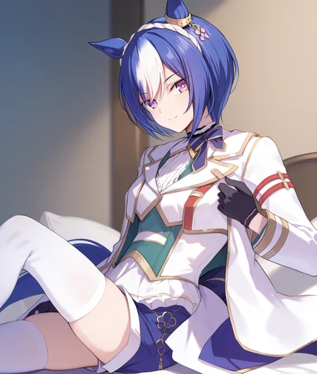 score_9, score_8_up, score_7_up BREAK
shobufuku, 1girl, solo, looking at viewer, smile, short hair, bangs, shirt, thighhighs, gloves, long sleeves, animal ears, sitting, closed mouth, purple eyes, jacket, tail, white hair, multicolored hair, shorts, black gloves, two-tone hair, white thighhighs, white jacket, horse ears, horse girl, horse tail,
<lora:Cesario-ponyXL:1>,