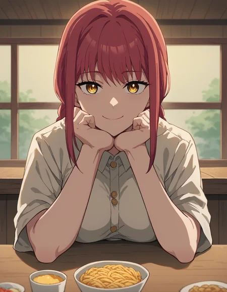 score_9, score_8_up, score_7_up, source_anime, <lora:chainsaw-man-makima-s1-ponyxl-lora-nochekaiser:1> makima, long hair, bangs, yellow eyes, braid, red hair, braided ponytail, ringed eyes, medium breasts,, <lora:pov-across-table-ponyxl-lora-nochekaiser:1> pov across table, pov dating, restaurant, table, meal, care, cup, head rest, smile, elbow on table, food, elbow rest, ,