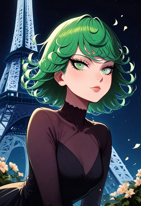 masterpiece, best quality, 1girl, solo, cute, eyelashes, (beautiful eyes), beautiful lips,
,,,
upper body, leaning forward, portrait, zzEiffelTower in background, night, blooming stars, luminescent petals, otherworldly fragrance blurry background,
zzTatsumaki, green eyes, green hair, black dress, elegant dress,