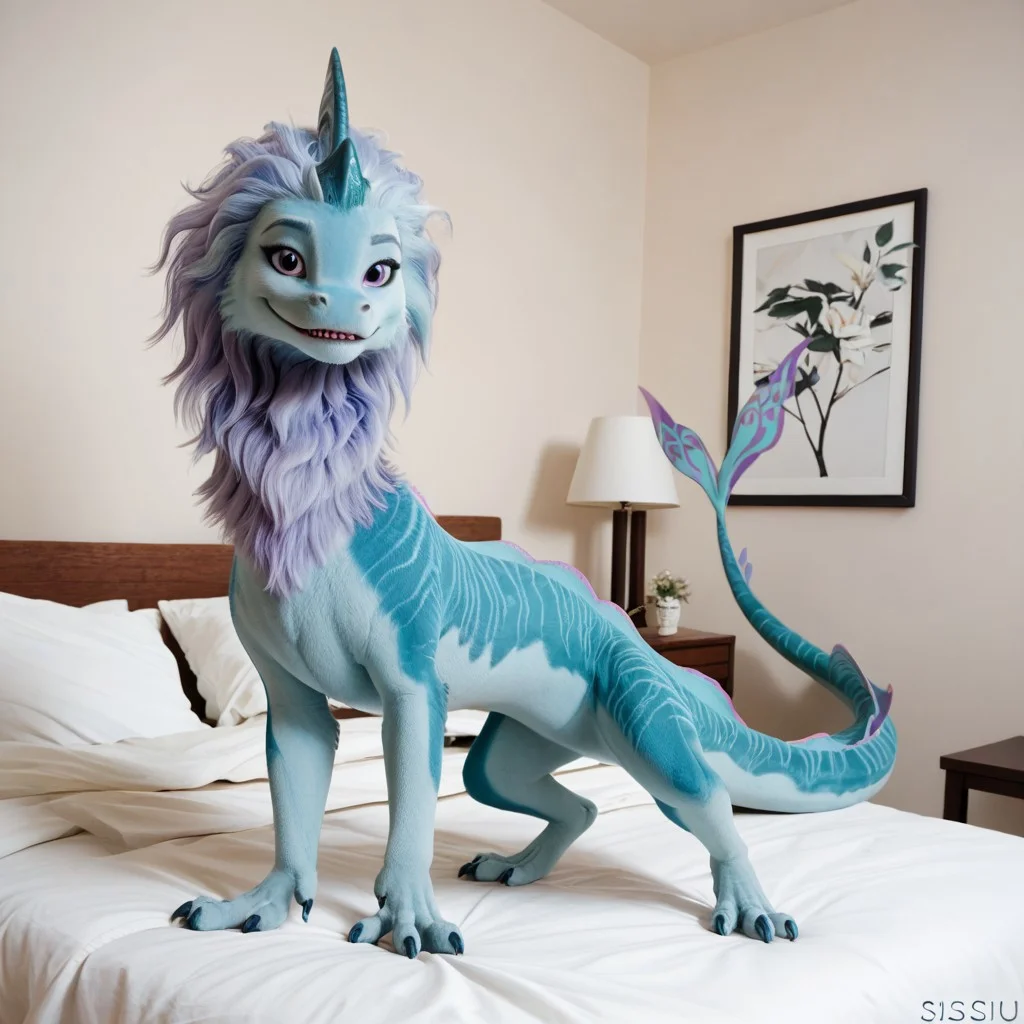 core_9, score_8_up, score_7_up, score_6_up, masterpiece, high quality, realistic, detailed, best quality, 1girl, solo, rating_safe, source_furry, bedroom, white bed, smiling, seductive, looking at viewer, standing up, negative_hand, full body, feral, sisu_ratld, dragon, tail, claws, double horns, blueish purple hair, blue fur, back dorsal fins, purple eyes, female, 1girl, feral, long body, full body