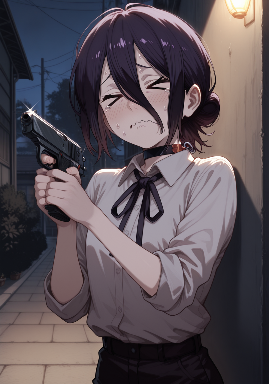 embedding:IllusP0s, JBPis, holding gun, > <, wavy mouth, reze_\(chainsaw_man\), scared, outdoors, night, solo,<lora:IL_Walther_PPK-000013.safetensors:1.0:1.0>