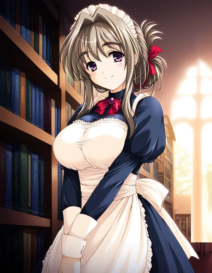 score_9, score_8_up, score_7_up, source_anime, rating_explicit, BREAK <lora:Tomosato_Shiori_Ver2.0_XL:1> TomosatoShiori, brown hair, large breasts, purple eyes, hair intakes, hair ribbon, red ribbon, folded ponytail, solo,
maid, maid headdress, apron, long sleeves, v arms, bookshelf, library,
smile,
looking at viewer,
cowboy_Shot,
