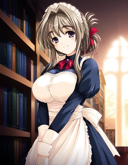 score_9, score_8_up, score_7_up, source_anime, rating_explicit, BREAK <lora:Tomosato_Shiori_Ver2.0_XL:1> TomosatoShiori, brown hair, large breasts, purple eyes, hair intakes, hair ribbon, red ribbon, folded ponytail, solo,
maid, maid headdress, apron, long sleeves, v arms, bookshelf, library,
smile,
looking at viewer,
cowboy_Shot,