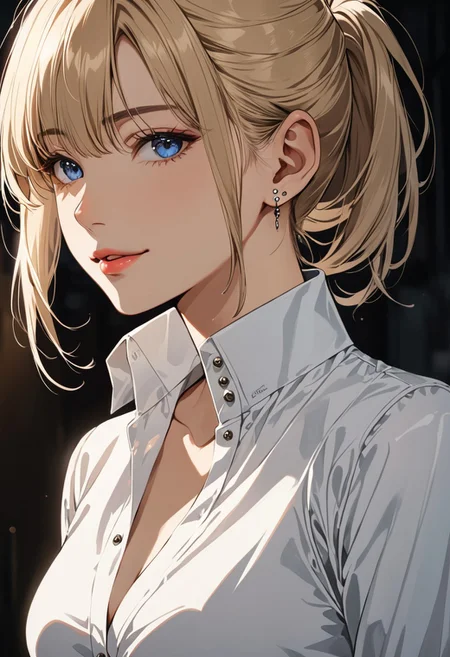(anime, masterpiece, intricate:1.3), (best quality, hires textures, high detail:1.2), (4k),(incredibly detailed:1.4), perfect anatomy, correct sense of scale, side lighting, feminine body, shiny skin, graceful face, constricted waist, nice body, lips, Sexy mouth, high pointed nose, (nostrils:1.3), neatly drawn nose, 1woman, charming smile, gorgeous lips, blue eyes, blonde hair, ponytail, side bangs, medium breasts, ((piercing, two holes at the bottom of the ear, one at the top)) (best illumination, an extremely delicate and beautiful) 8k wallpaper, masterpiece, best quality, ultra-detailed, best shadow, volumetric lighting), (beautiful detailed face, beautiful detailed eyes) ,extreme details eyes, shiny skin, full body, ear piercing
intense stare, sharp and defined facial features, high cheekbones; full red lips; pale skin, wide hips, toned thighs; black dress, deep v-neck cleavage, office brothel, dim lighting