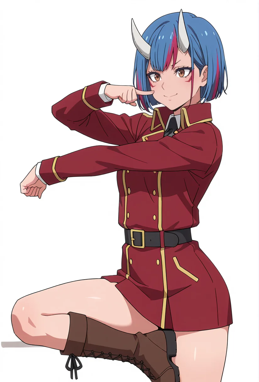 Smooth Quality,masterpiece,very intricate, high quality details, ultra realistic, high detailed skin,detailed enviorement,absurdres,
simple background, white background,
,fingersmile,stretching, one arm raised, other on hip, slight side bend, relaxed body, ,
<lora:Gobwa_cnn:0.8>gobwacnn,1girl, short hair,blue hair, multicolored hair, facial mark, streaked hair,white horns, brown eyes,
shirt,red jacket, red coat, black belt, double-breasted, boots,
