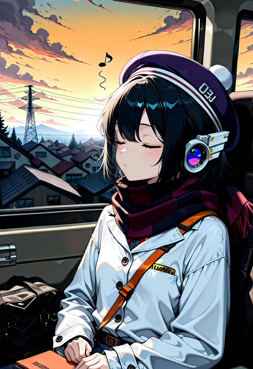 SmoothNoob_Quality <lora:TrendCraft_The_Peoples_Style_Detailer-v1.0A-3_13_2025-NoobVPRED:1> masterpiece, high quality,detailed_background,indoors,long sleeves,bad link,utau,orange sky,white jacket,stray kids,sleeping,highres,town,hat,purple hat,solo,closed mouth,scarf,beret,house,bag,1girl,purple sleeves,1boy,closed eyes,labo 9696,power lines,musical note,holding bag