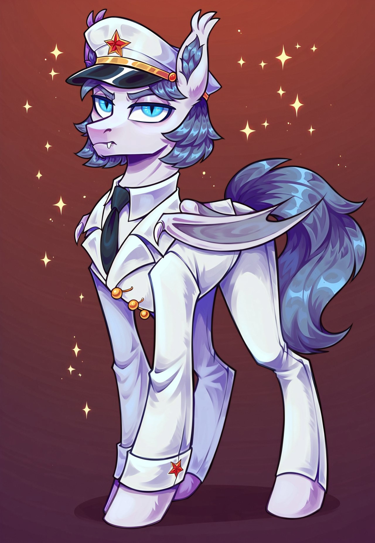 score_9_up, score_8_up, score_7_up, score_6_up, (best quality:1.1), ultra-detailed, high resolution, solo, Armed_Sage, bat pony, bat pony oc, mlp, feral, male, white fur, gray hair, gray mane, medium hair, animal ears, fluffy ears, ear fluff, blue eyes, long eyelashes, (serious expression), evil eyes, frown, fang out, closed mouth, look at viewer, dressed, white military uniform, communist black tie, peaked cap, full body, abstract background, night sky, stars, night, highly visible, sharp focus, anatomically correct