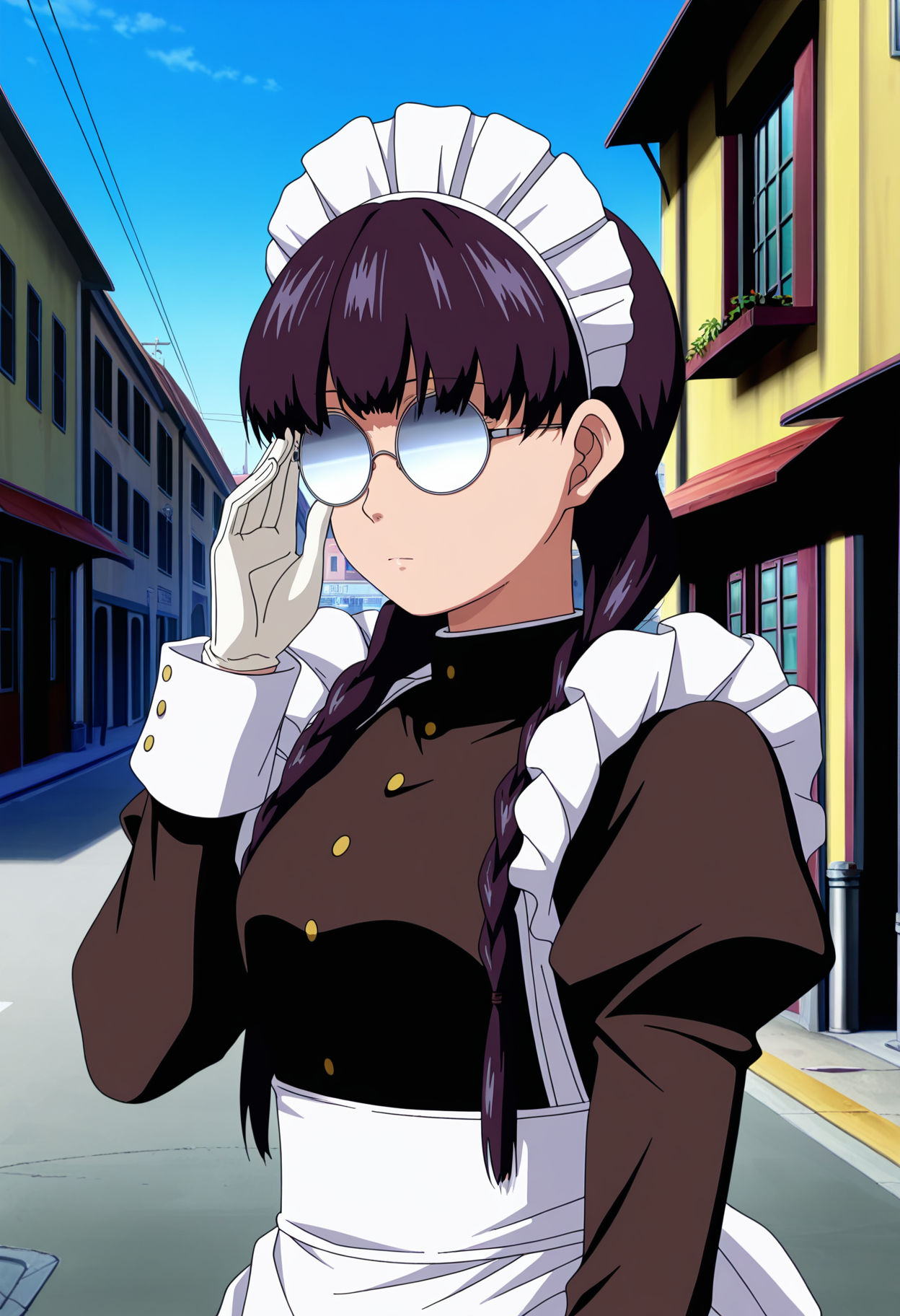 masterpiece, best quality, anime screenshot, anime, 1girl, solo, <lora:Roberta [Illustrious] Black Lagoon:1>, RTE, black hair, twin braids, round eyewear, maid headdress, maid, black dress, long sleeves, juliet sleeves, maid apron, white gloves, outdoors, window, street, city, expressionless, adjusting eyewear, blue sky, opaque glasses,