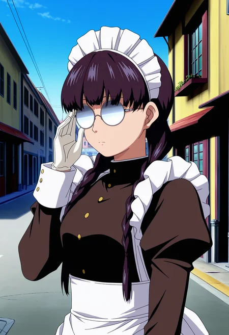 masterpiece, best quality, anime screenshot, anime, 1girl, solo, <lora:Roberta [Illustrious] Black Lagoon:1>, RTE, black hair, twin braids, round eyewear, maid headdress, maid, black dress, long sleeves, juliet sleeves, maid apron, white gloves, outdoors, window, street, city, expressionless, adjusting eyewear, blue sky, opaque glasses,